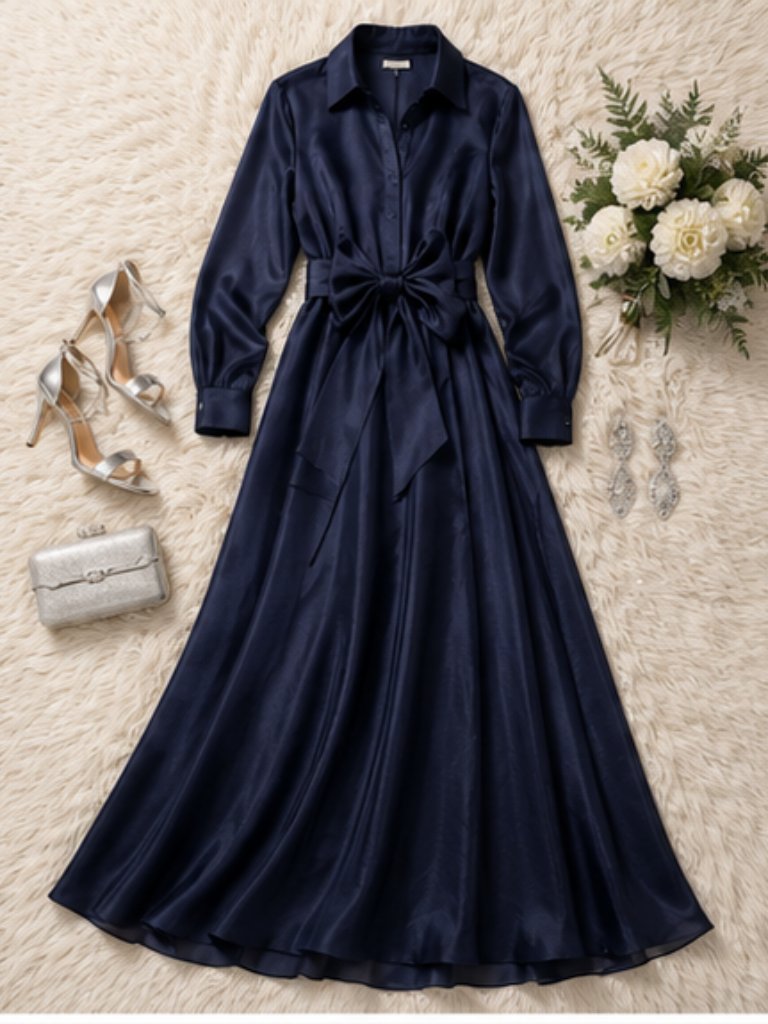 Betsy & Adam Tie-Front Formal Maxi Dress Navy Size 10 Nwt Shirt Dress Gown